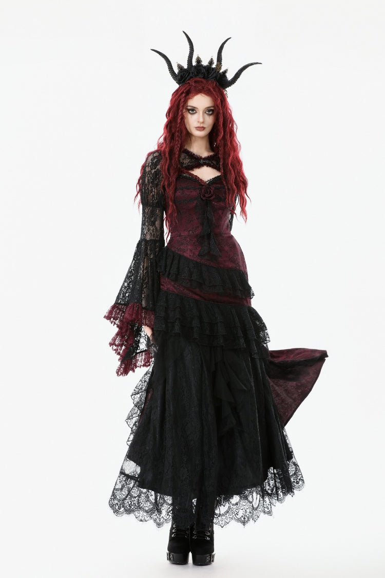 Crimson Noir Flared Lace Puff-Sleeve Women's Gothic Cape