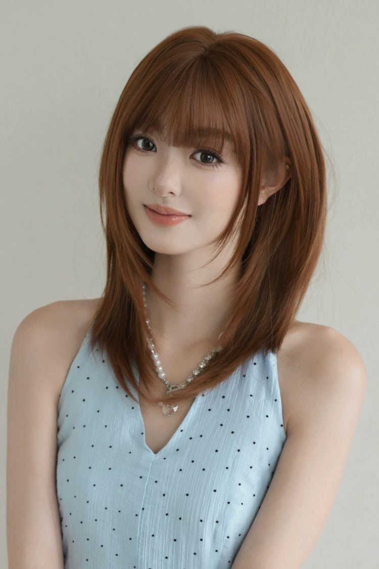 Vintage Orange Brown Face-Framing Layered Shoulder Bob Sweet Lolita Wig with Full Bangs