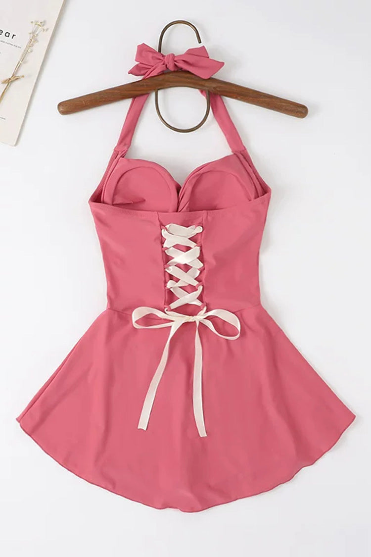 Watermelon Red Square Neck Halter Sleeveless Ruffled Lace-Up Sweet Lolita One-Piece Swimsuit