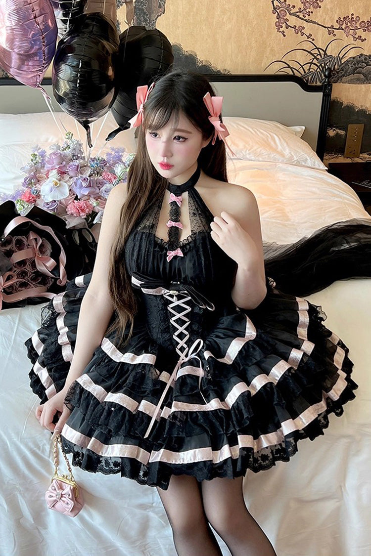 Halterneck Triple-Layered Ruffle Bow Sweet Lolita Dress - Ballet Dream