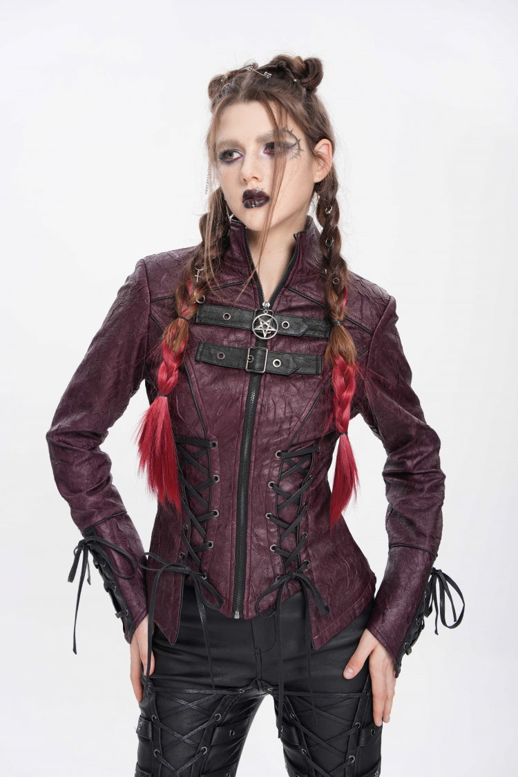 Burgundy Pentagram Buckle Punk Jacket