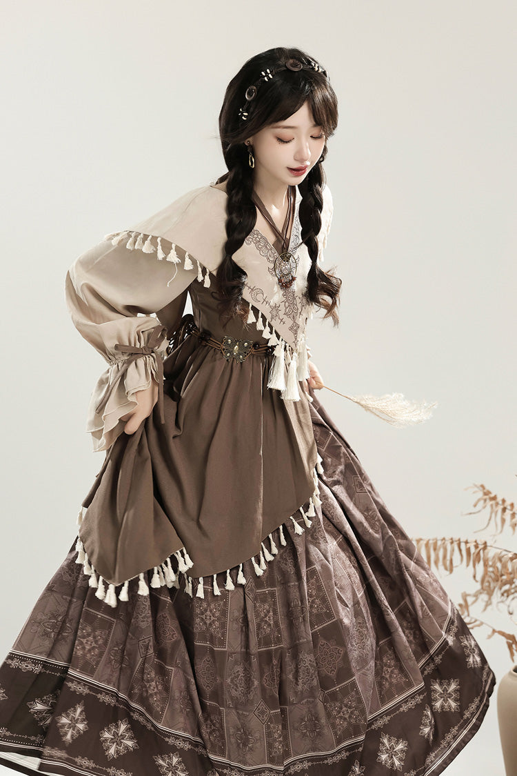 Chinese Style Lolita Dress with Lantern Sleeves and Asymmetric Ruffle