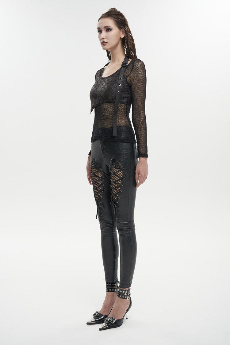 Asymmetric Wrap Punk Tee with Shoulder Loop for Women - Noir