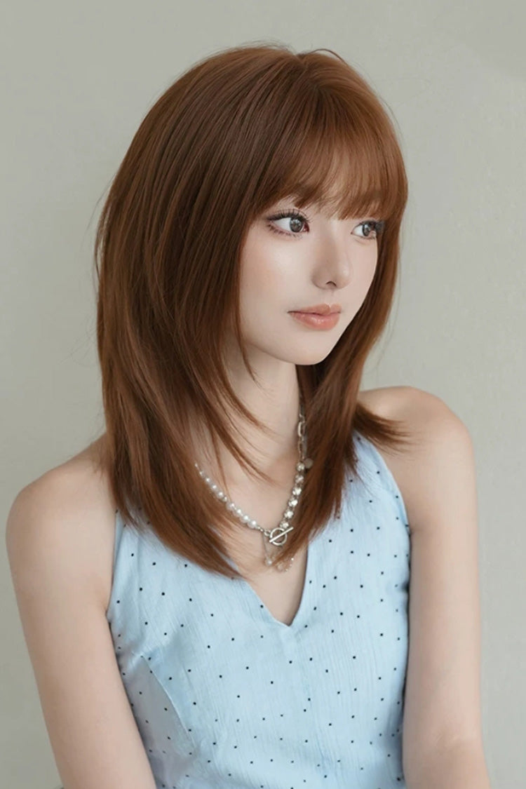 Vintage Orange Brown Face-Framing Layered Shoulder Bob Sweet Lolita Wig with Full Bangs