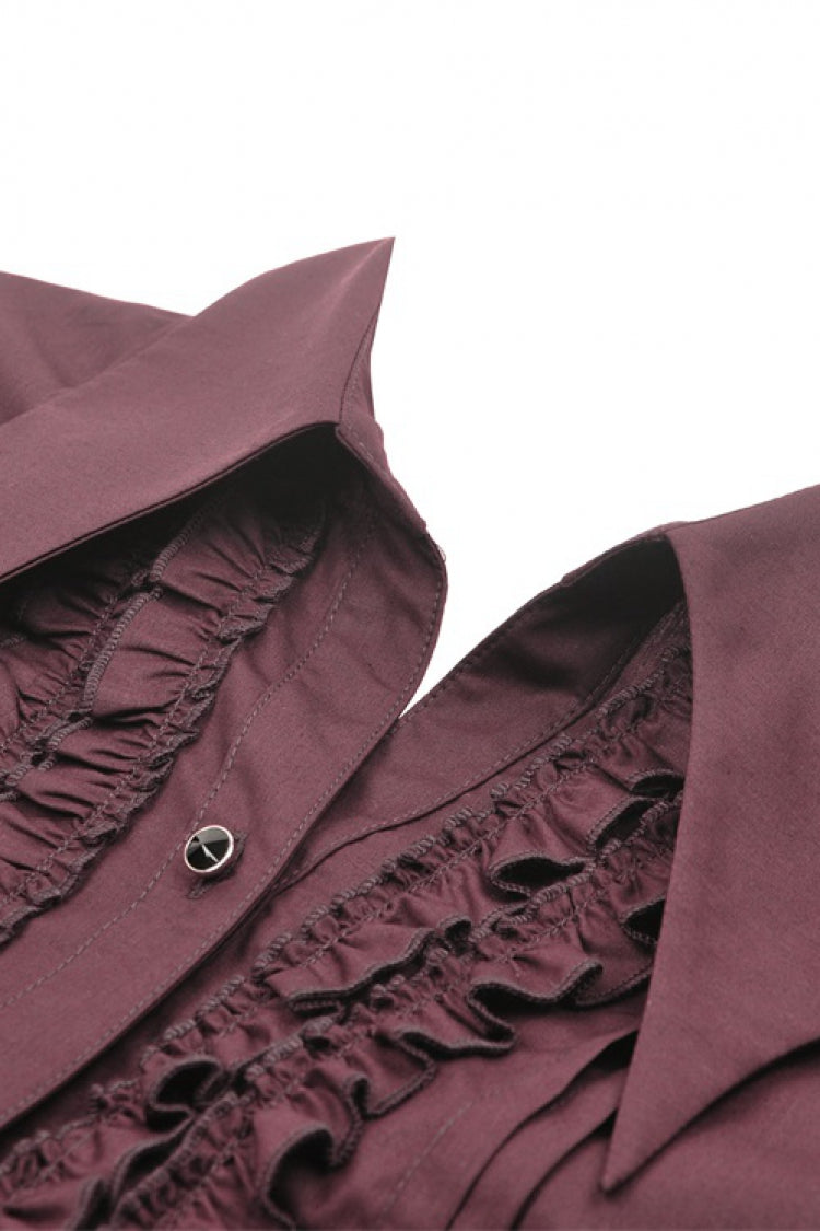 Burgundy Turn-Down Collar Ruffled Long Sleeve Gothic Women's Blouse