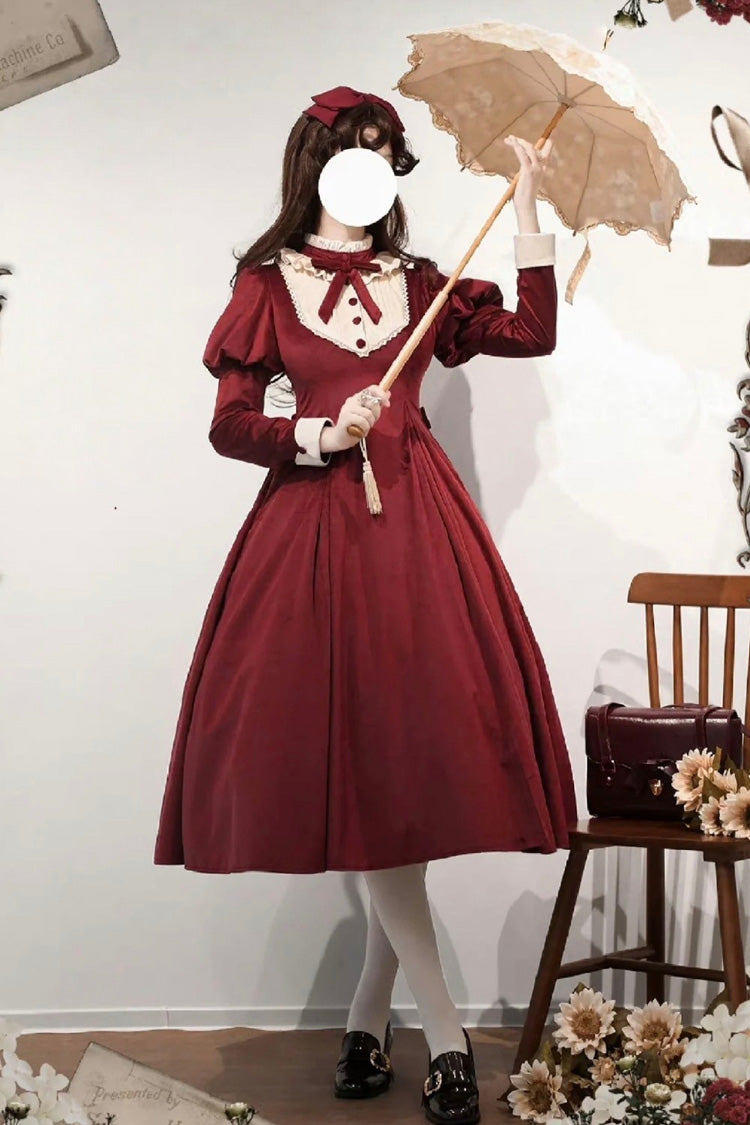 Burgundy High Collar Long Sleeve Ruffled Bow Classic Lolita Gown