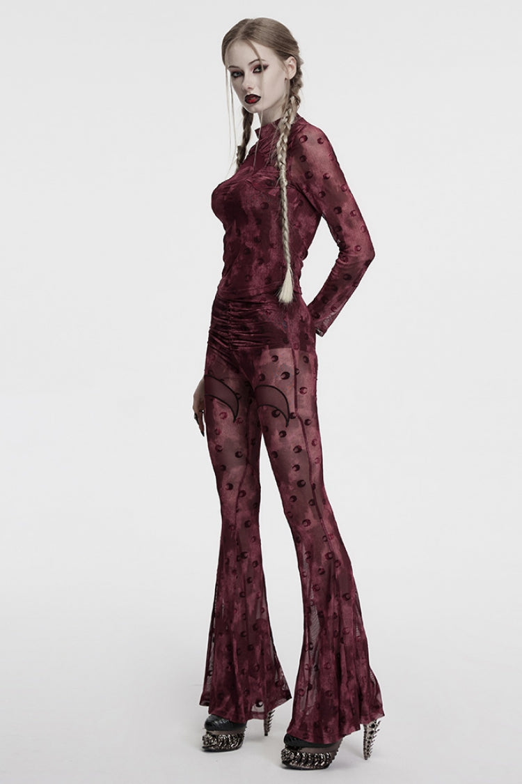 Crimson Gothic Blouse with Moon Print and Ruched Mesh