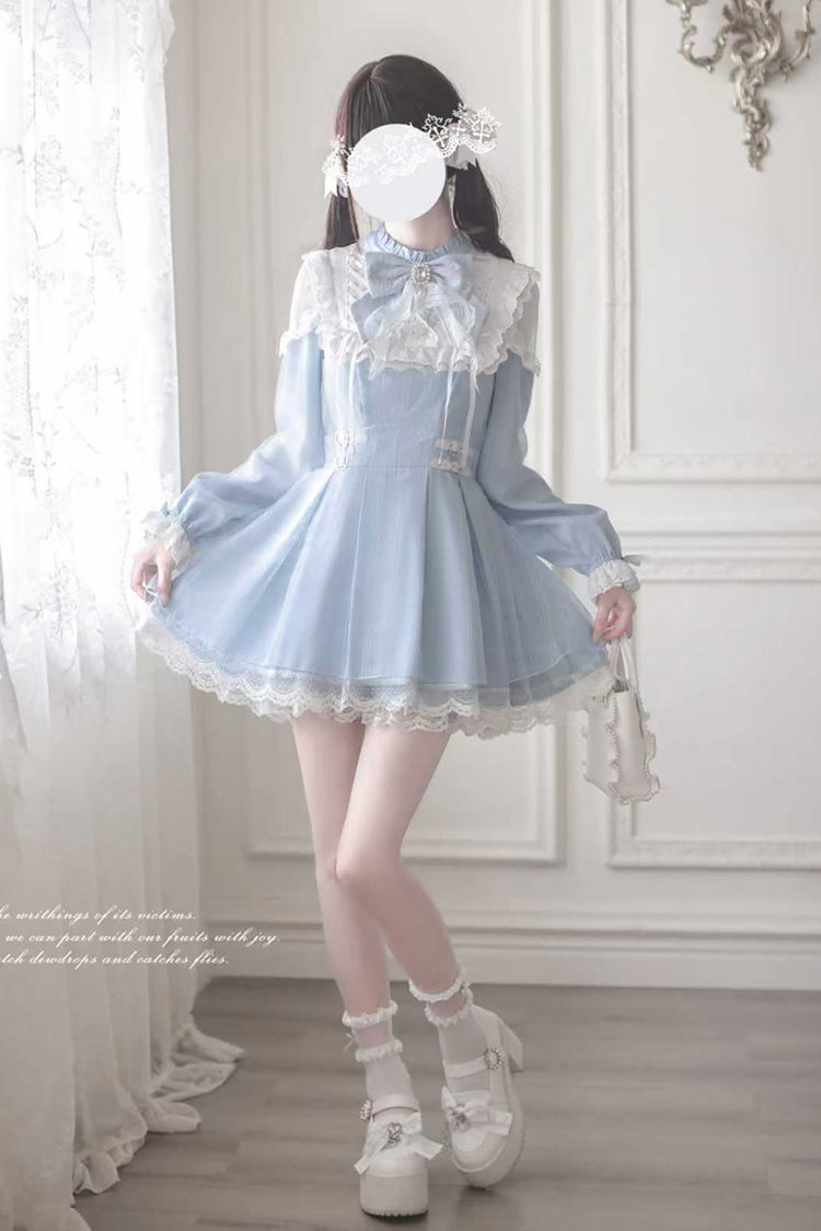 Angel Heartbeat Bowknot Lace Sweet Jirai Kei Japanese Dress with Long Sleeves