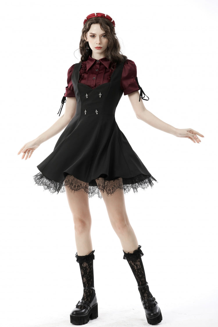 Burgundy Point Collar Short Puff Sleeve Ruffled Gothic Elegant Women's Blouse