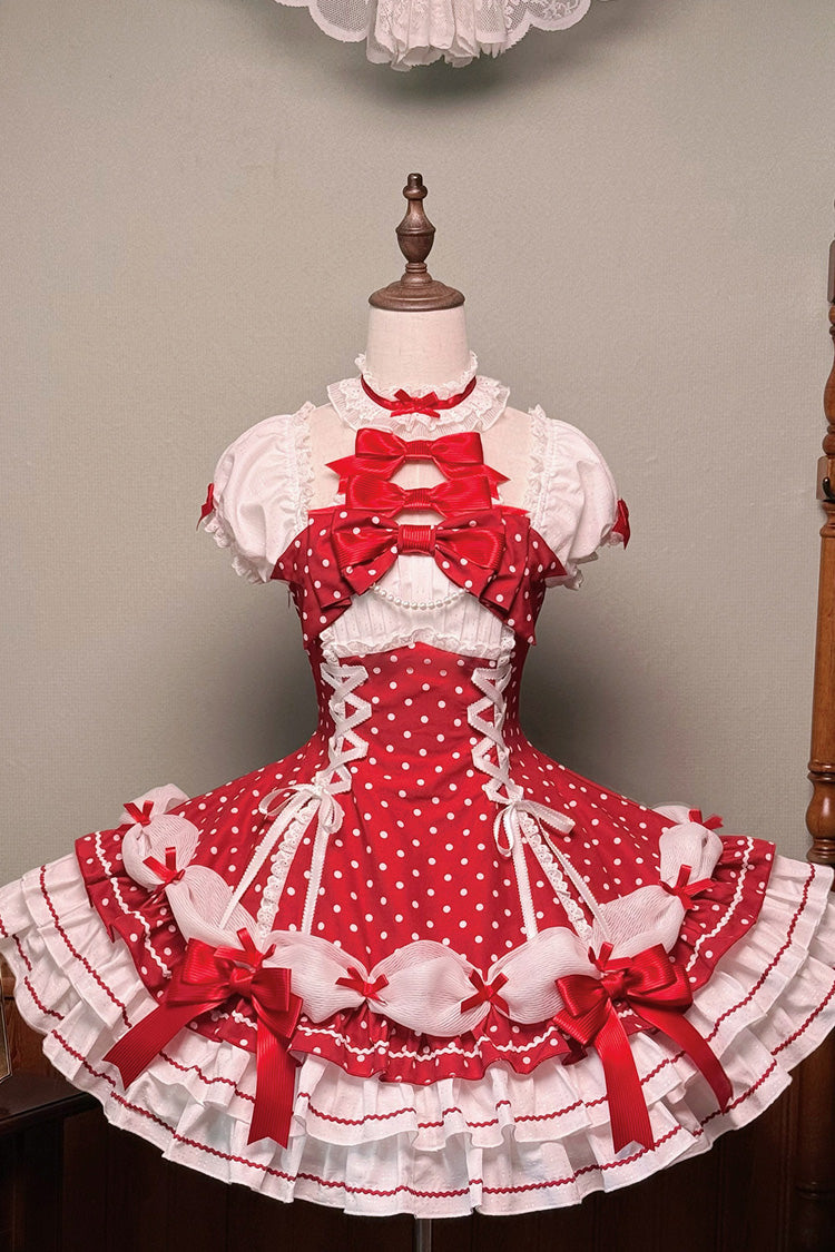 Wine Halterneck Polka-Dot Bow Lace-Up Sweet Lolita Frock