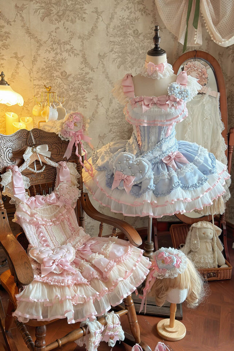 Azure Triple Ruffled Bow Lace-Up Slim Ballet Sweet Lolita Outfit