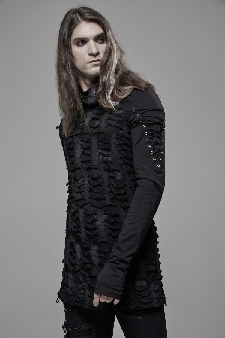 Gothic Cool Tee for Men with Lace-Up, Hood, Rips, and Pleats, Extended Sleeves