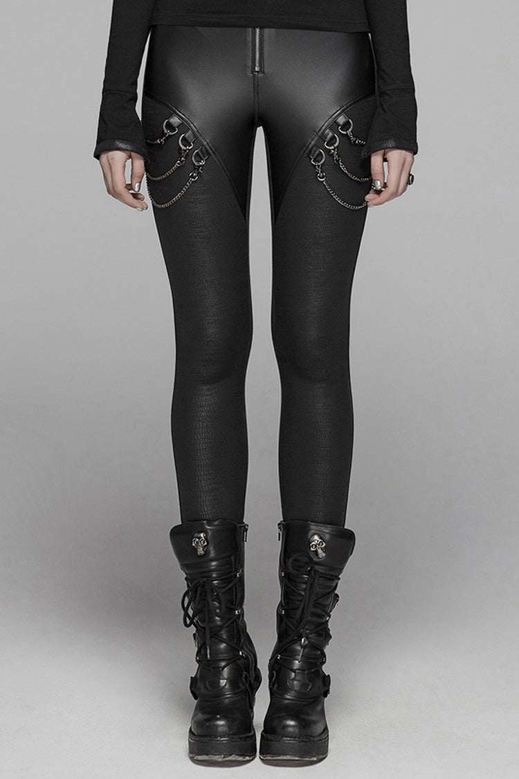Women's Punk Leggings with Crack Velvet, Knit PU Leather, Metal Buckle and Chain