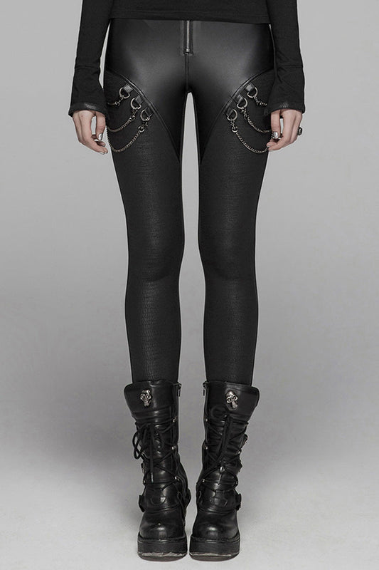 Women's Punk Leggings with Crack Velvet, Knit PU Leather, Metal Buckle and Chain