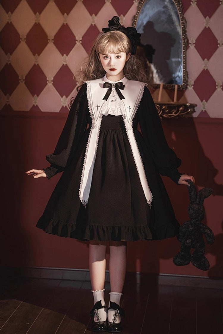 Elegant Nun-Inspired Gothic Dress with Ruffled Bow and Lace, Long Sleeves