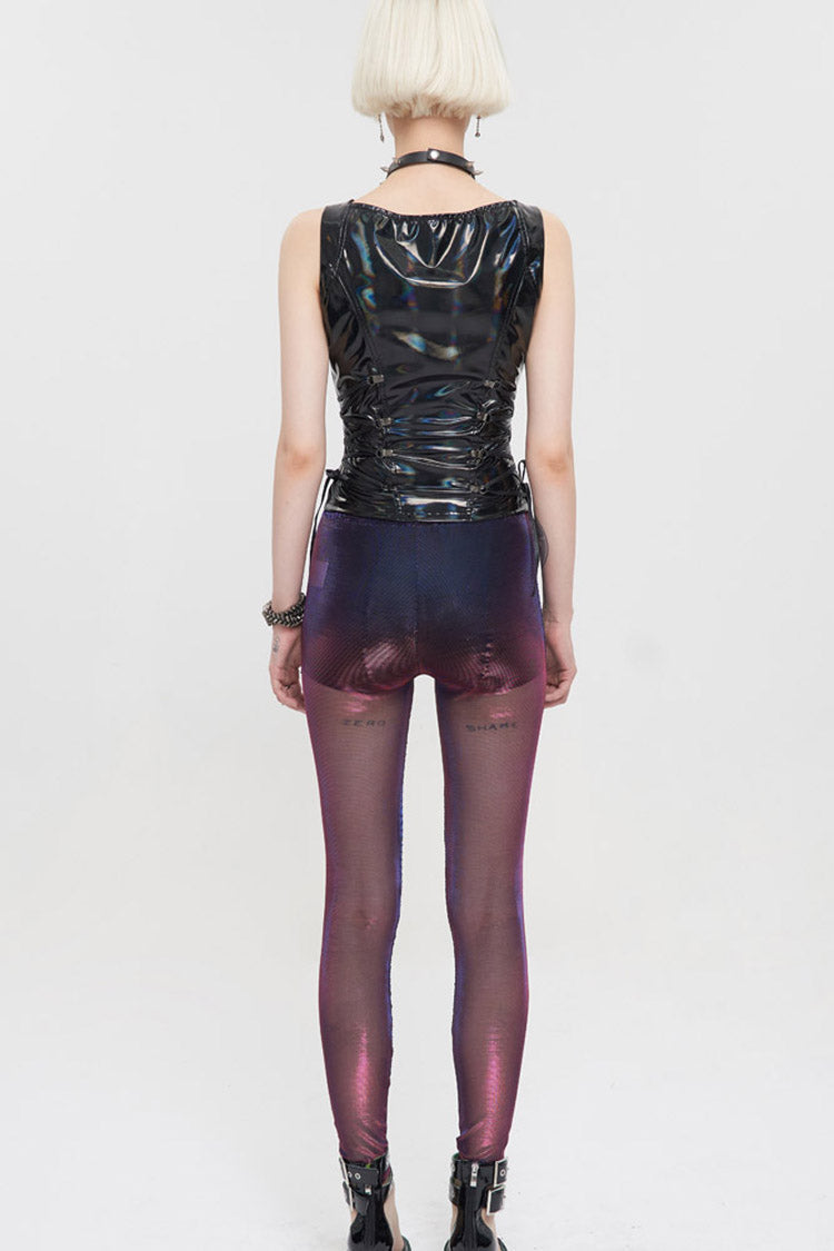 Women's Punk Leggings with Color-Changing Mesh and Wavy Surface Splicing