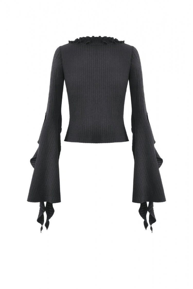 Women's Gothic Crop Top with Ruffled V-Neck, Split Trumpet Sleeves and Streamer