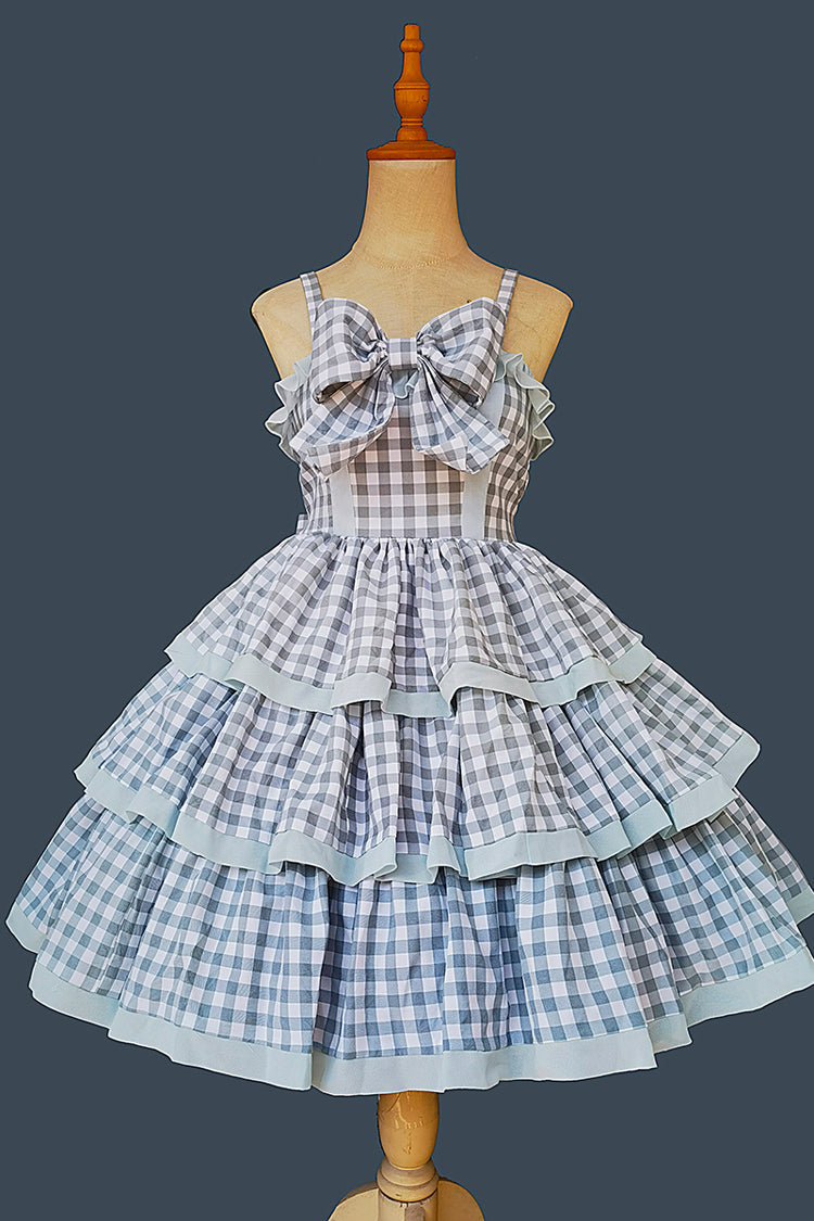 Triple-Layered Tartan Bow-Adorned Sweet Princess Gown with Ruffles - Cloth Cat