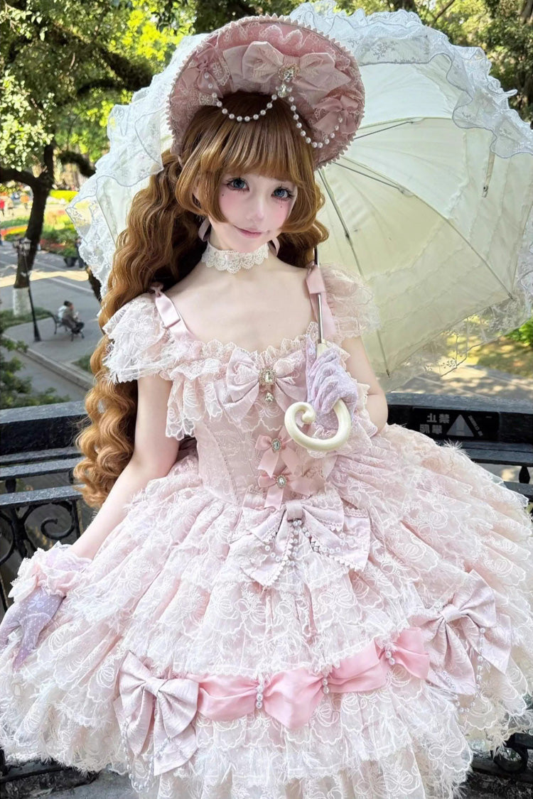 Cloudborne Snowfeather Sleeveless Multi-Layer Hanayome Bow Pearl Gothic Lolita JSK