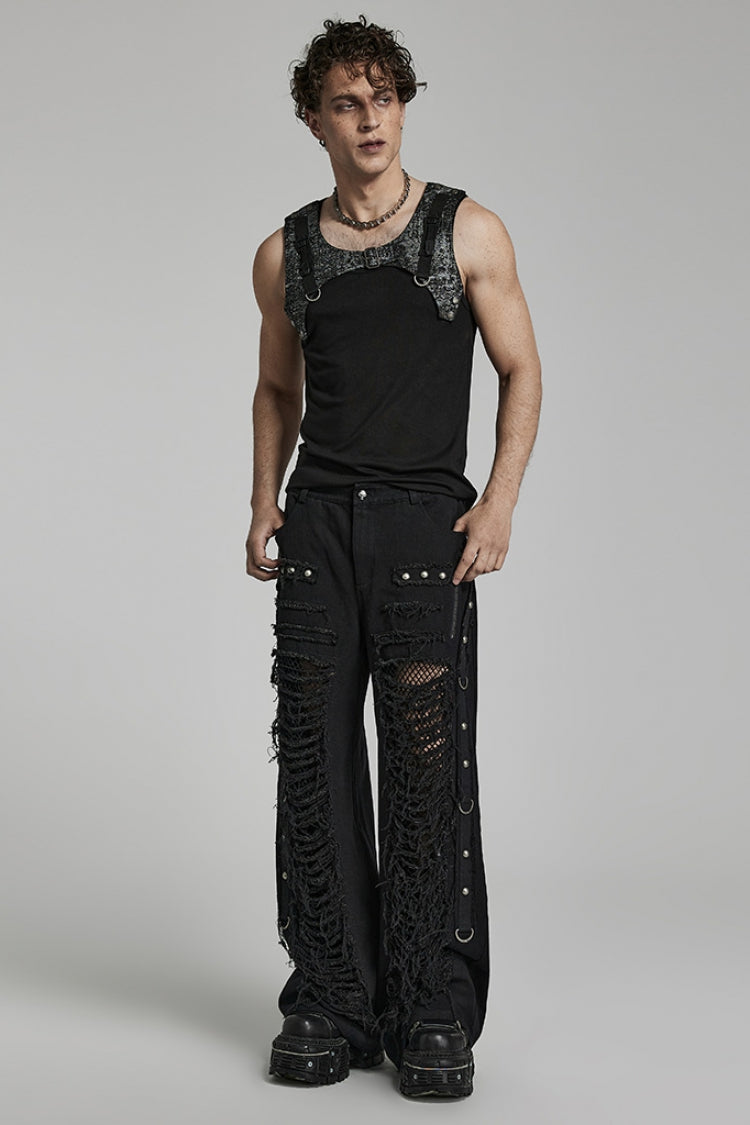 Steampunk Men's Ripped Straight Pants with Metal Rivets and Mesh - Two Tones