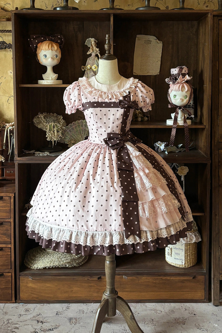 Canelé Gift Box Round Collar Short-Sleeve Polka Dot Ruffle Open Bow Asymmetric Lolita Dress