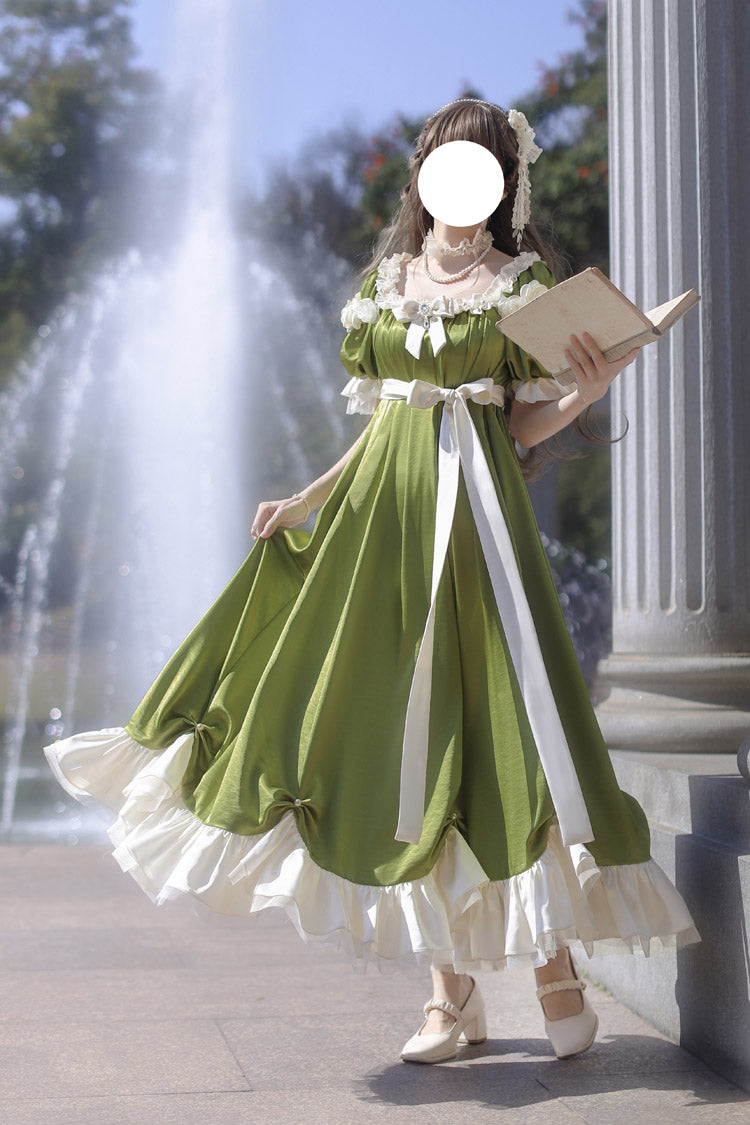 Emerald Square Neck Short Sleeve Ruffle Bow Sweet Regency Vintage Lolita Dress