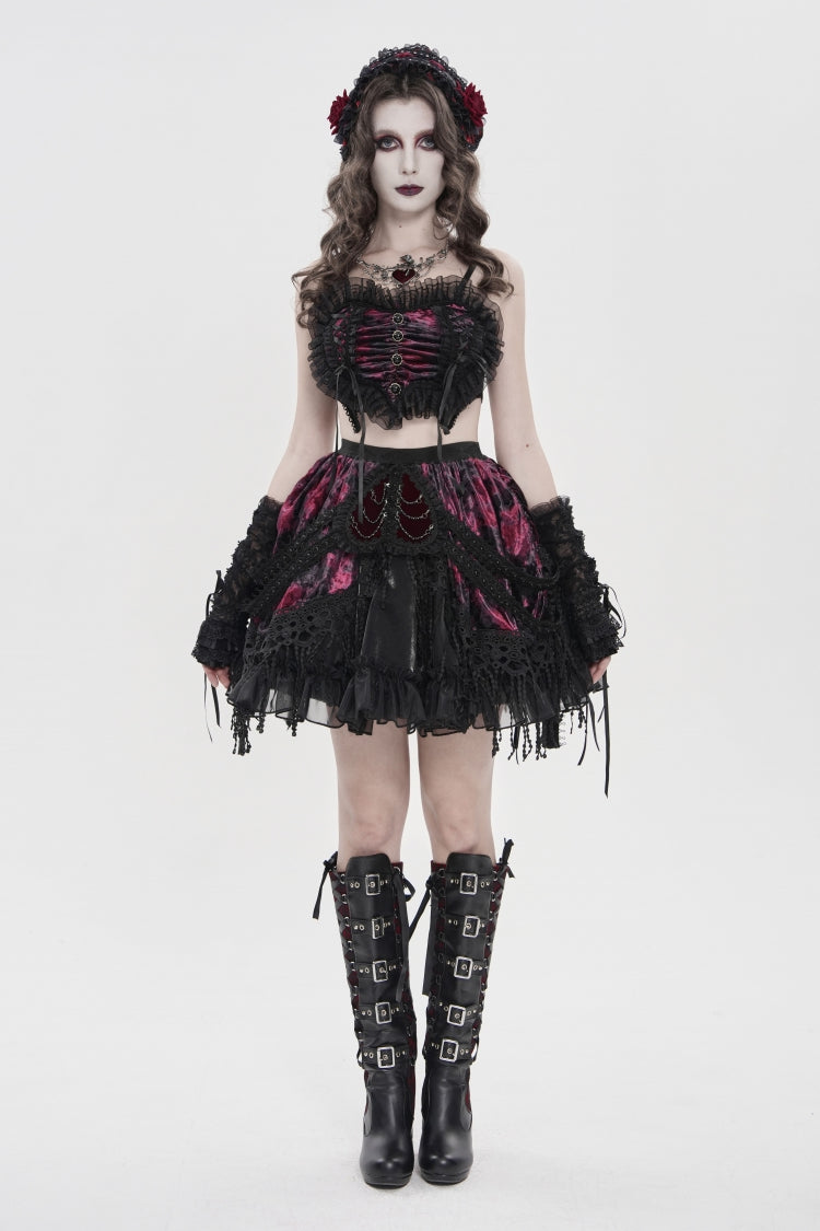Crimson & Noir Off-Shoulder Bow Lace Color-Block Strappy Pleated Gothic Corset