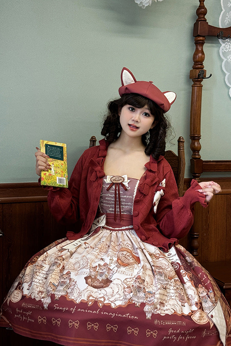 Burgundy Fox Band Print Square Collar Bow Classic Lolita Jumper Dress