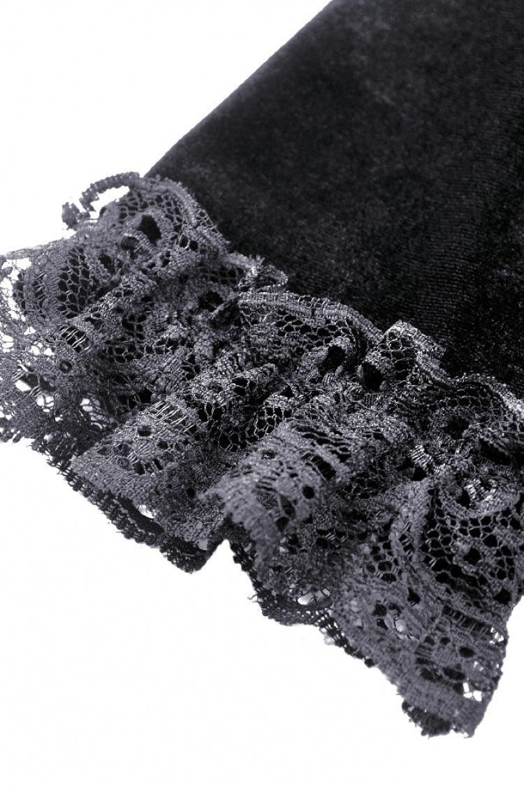 Gothic Velvet Gown with Puff Sleeves and Lace Detailing in Black