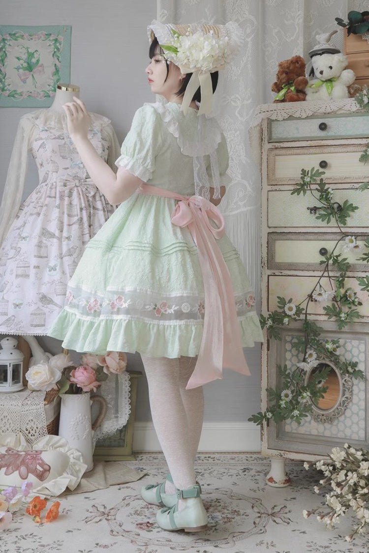 Emerald Short Sleeve Rose Print Ruffle Bow Sweet Lolita Dress