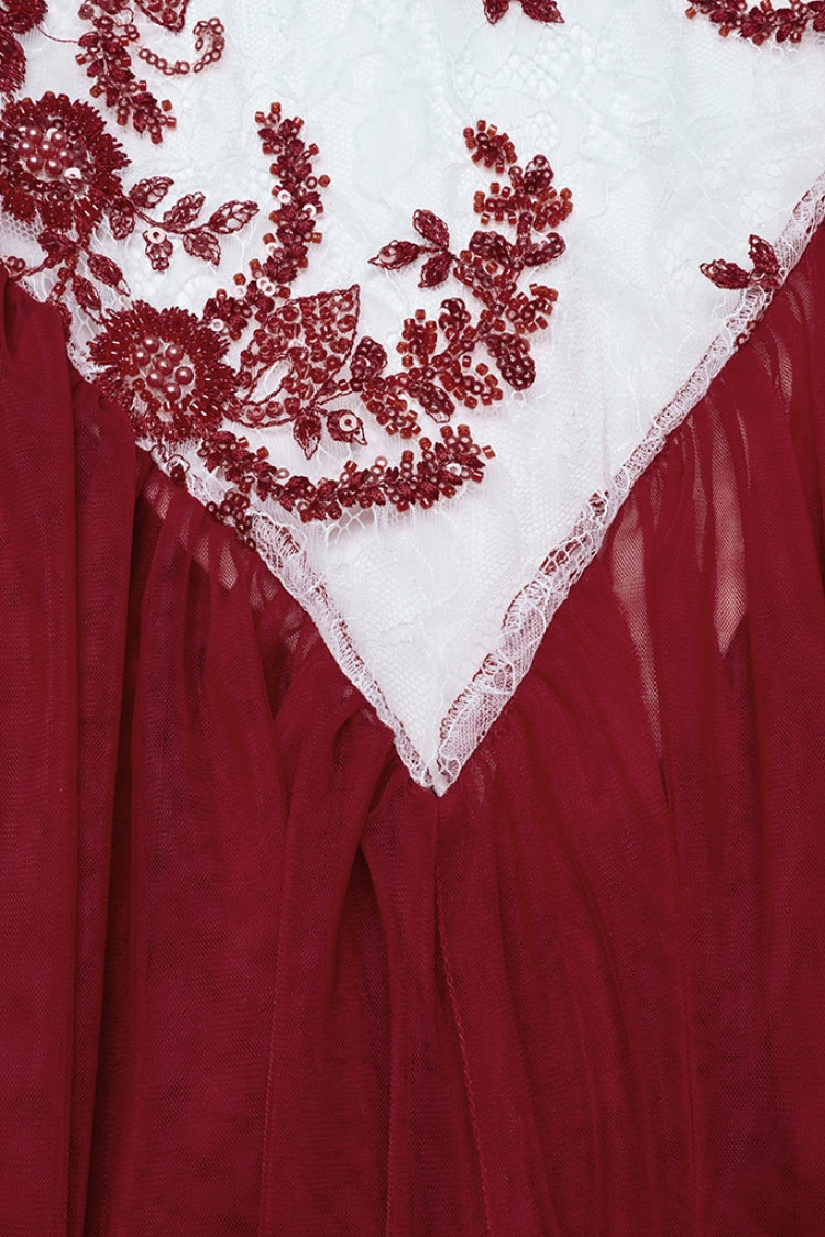 Crimson Fishtail Gown with Embroidered Lace and Slim Silhouette
