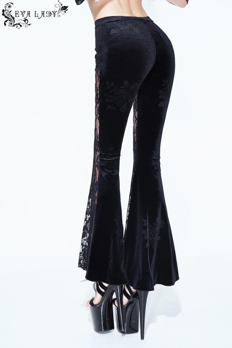 Rose-Pattern Knit Flare Pants with Beaded Chain Sides