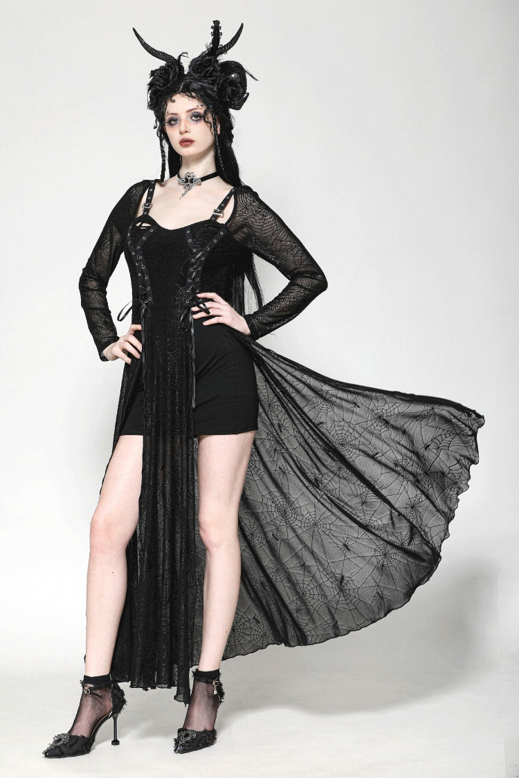 Elegant Witch Long Dress with Spiderweb Lace-Up and Extended Sleeves