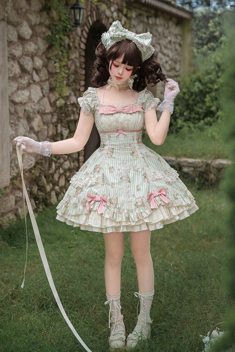 Emerald An Encounter with Austin Square Collar Short Sleeve Multi Rose Printed Ruffled Bow Lace Sweet Lolita Gown