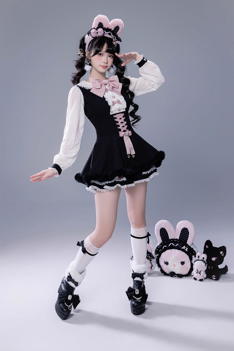 Jirai Kei Long-Sleeve Lace-Up Set with Ruffle Bow and Plush Shorts, Japanese Style