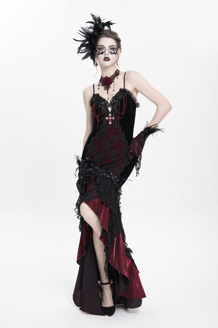 Crimson Gothic JSK with Embroidered Lace and Sleeveless Bardot Neckline