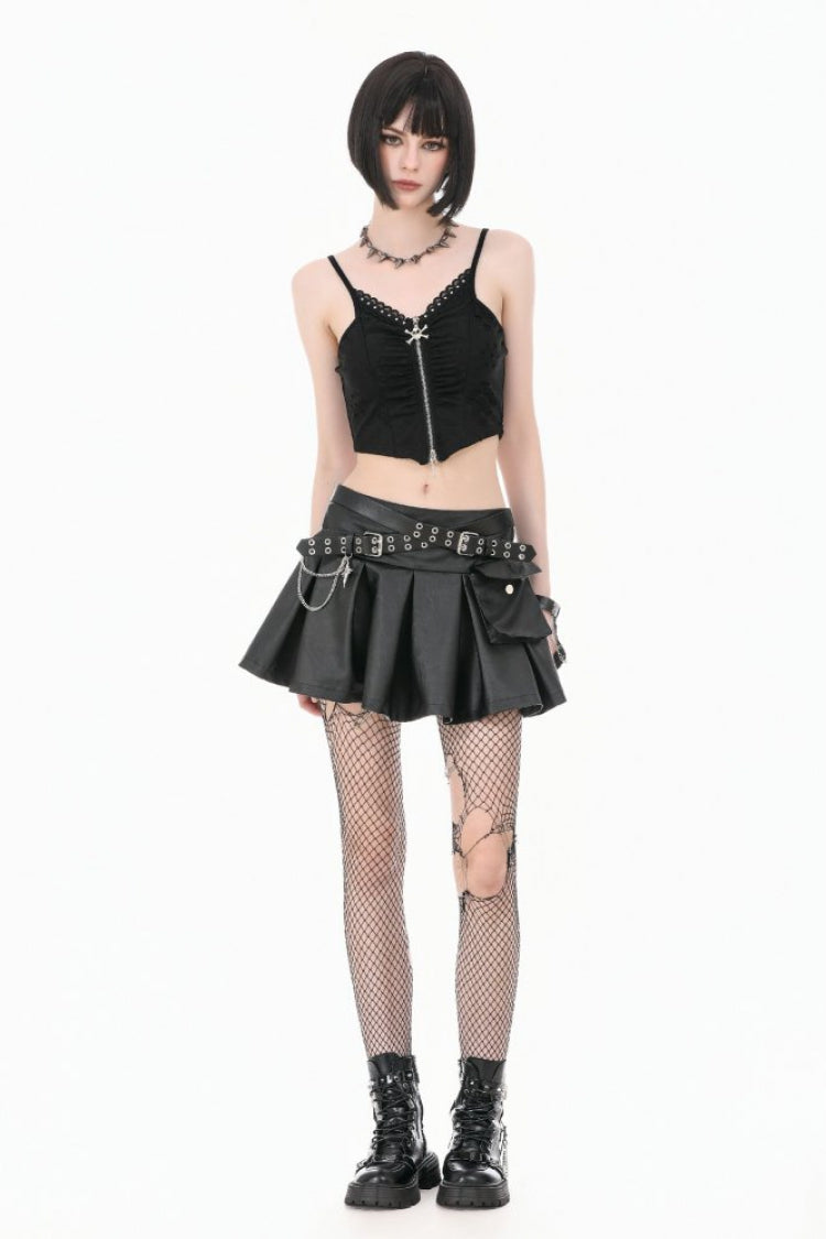 Women's Punk Pleated Skirt with Belt, Chain and Cross Lace-Up Decoration