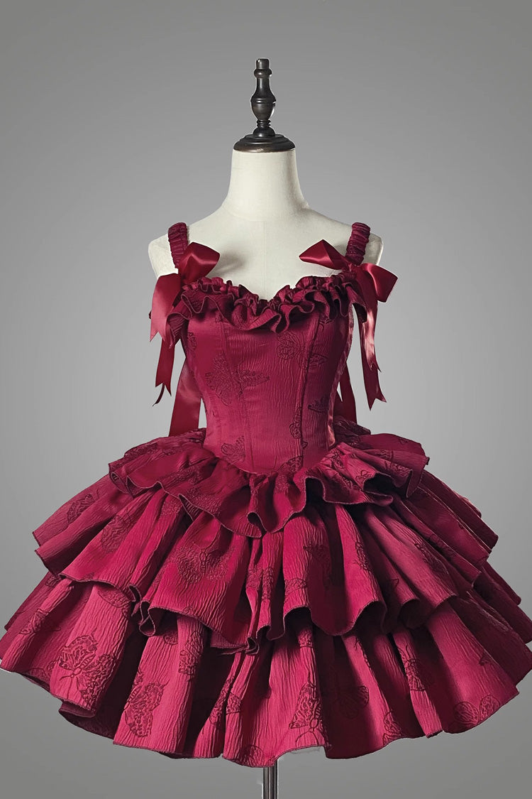 Burgundy Sleeveless Layered Ruffle Bow Boned Gothic Lolita JSK Dress