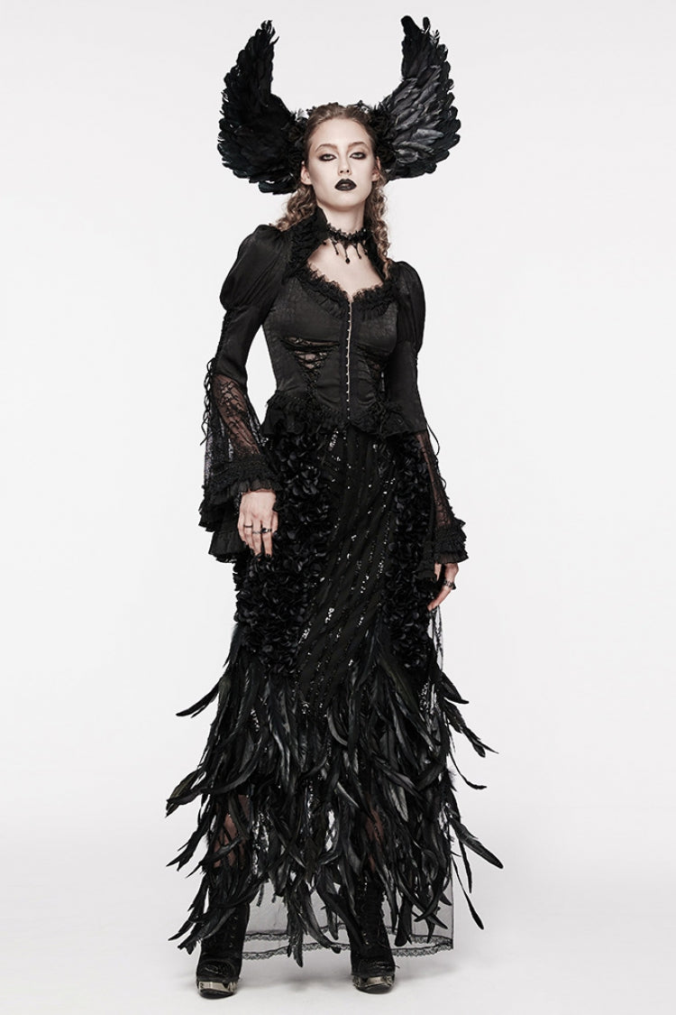 Gothic Skirt with Sequin and Feather Details for Women - Noir