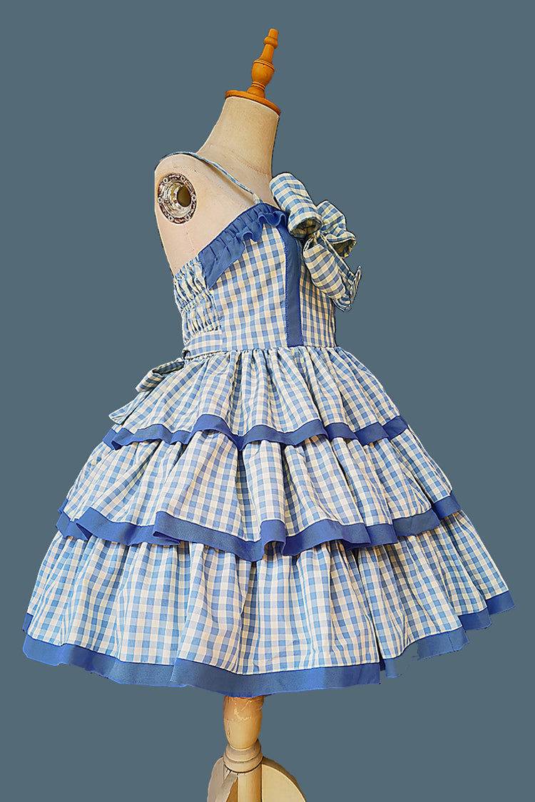 Triple-Layered Tartan Bow-Adorned Sweet Princess Gown with Ruffles - Cloth Cat