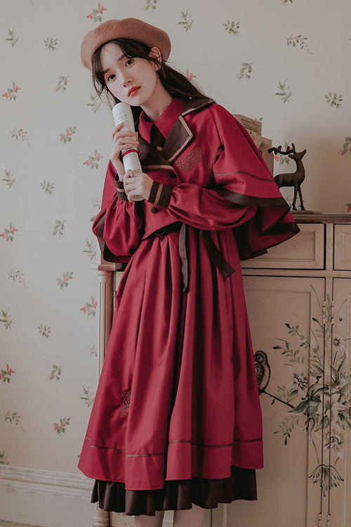 Vintage College Style Lapel Collar Long Sleeves Double Paneled Hem Sweet Lolita Dress