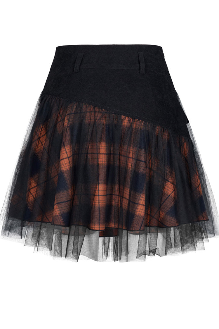 Crimson Noir Lace Mesh Stitching Plaid Metal Buckle High-Waist Punk Skirt