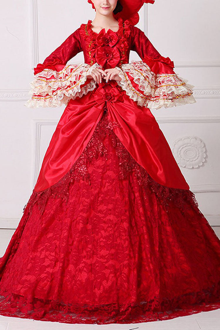 Crimson Victorian Prom Dress with Lace Stitching and Floral Embroidery