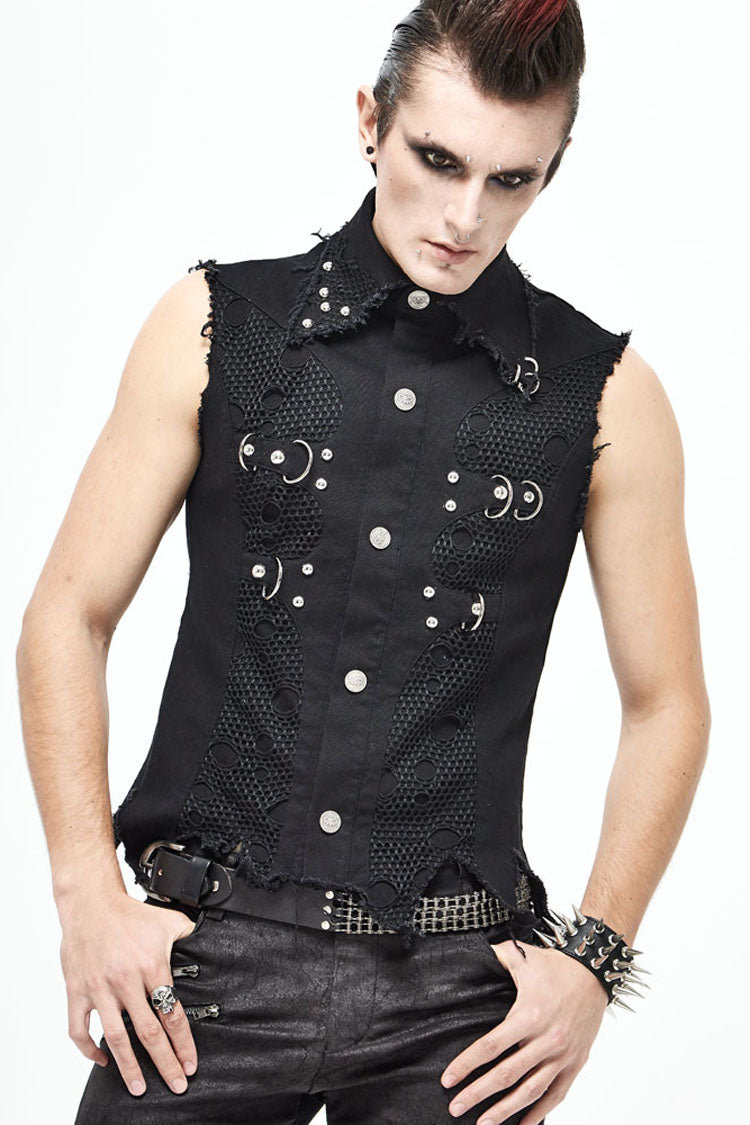 Distressed Mesh-Trimmed Punk Waistcoat with Raw Hem - Noir