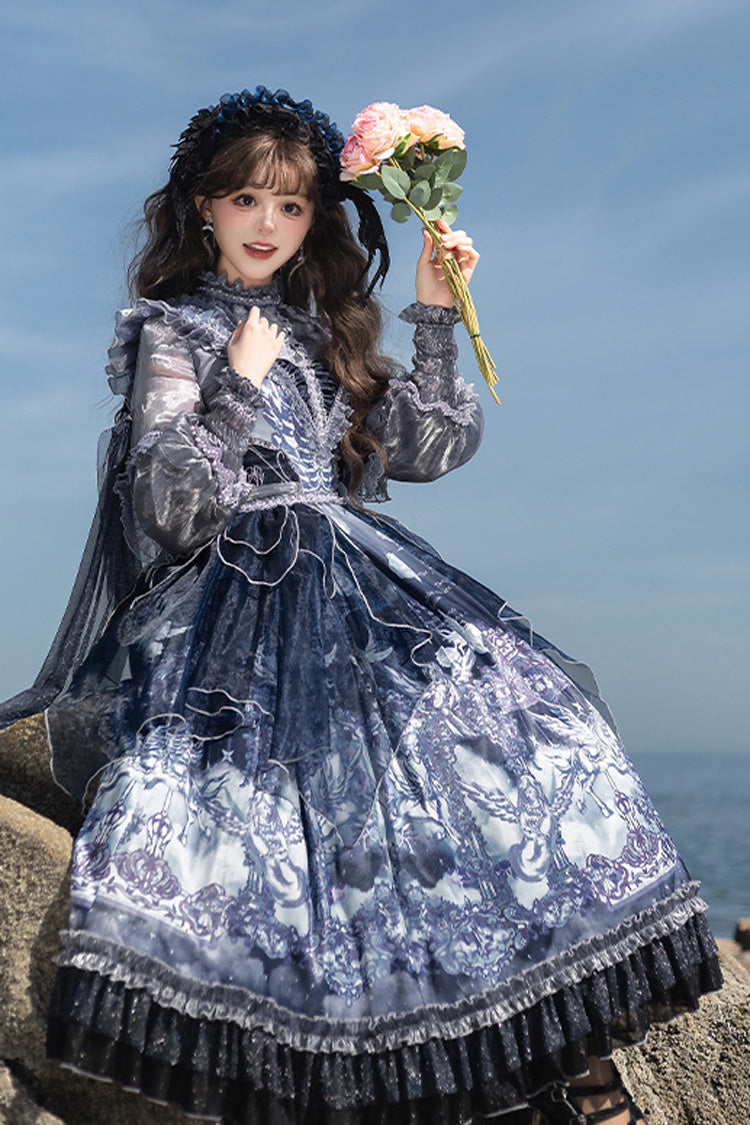 Asymmetric Classic Elegant Print Ruffled Bow JSK - Angel Garden