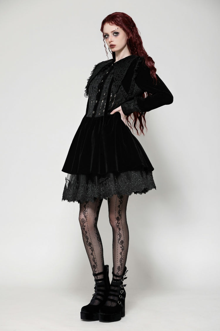 Gothic Velvet Short Dress with Lace Trim and Extended Sleeves