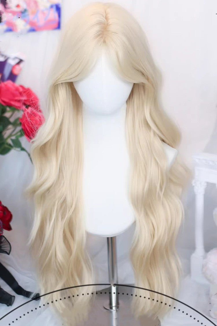 Long Curly Sweet Lolita Wig with Middle Part Curtain Bangs in Beige Blonde