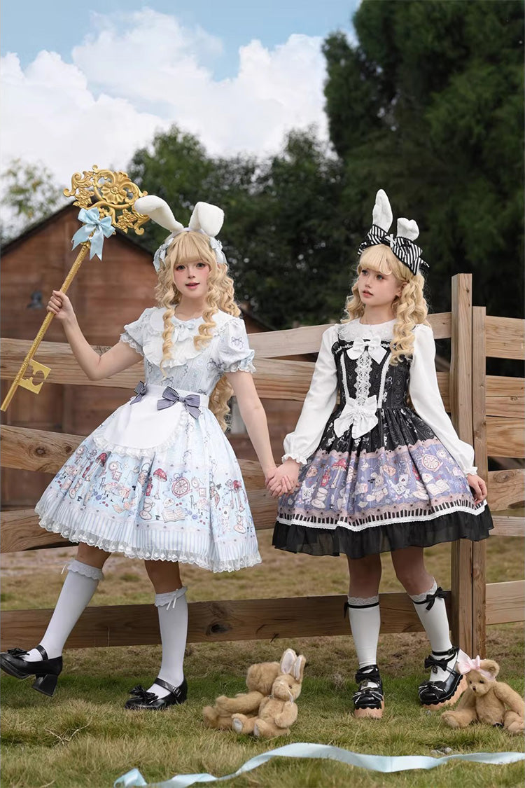 Square Collar Sleeveless Printed Bow Gothic Dress - Alice's Fantasy Tale