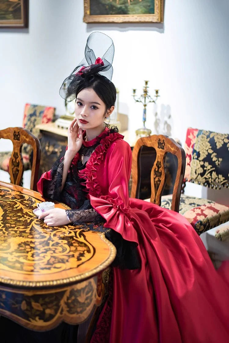 Burgundy Print Medieval Court Rococo Gothic Victorian Lolita Maxi Dress