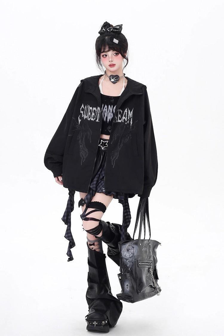 Loose Jirai Kei Gothic Coat with Print and Zipper, Long Sleeve